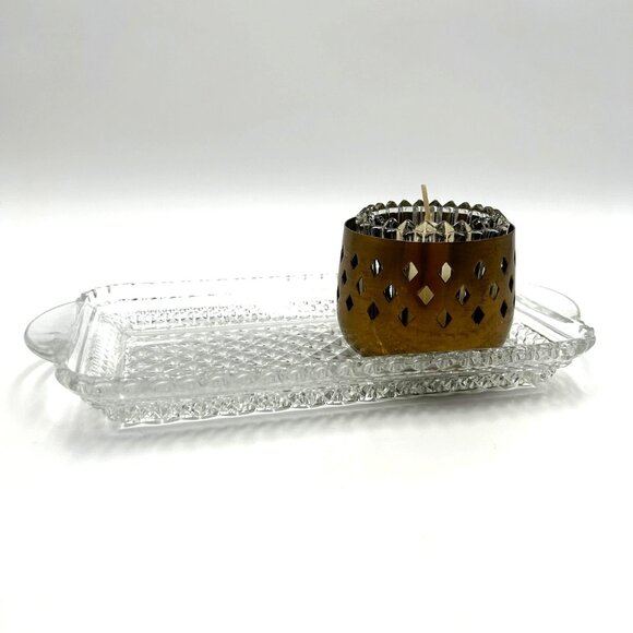 Sparkling Glass Cut Tray & Brass Candleholder W Glass Tulip Insert | 3 PIECE SET - Picture 2 of 14